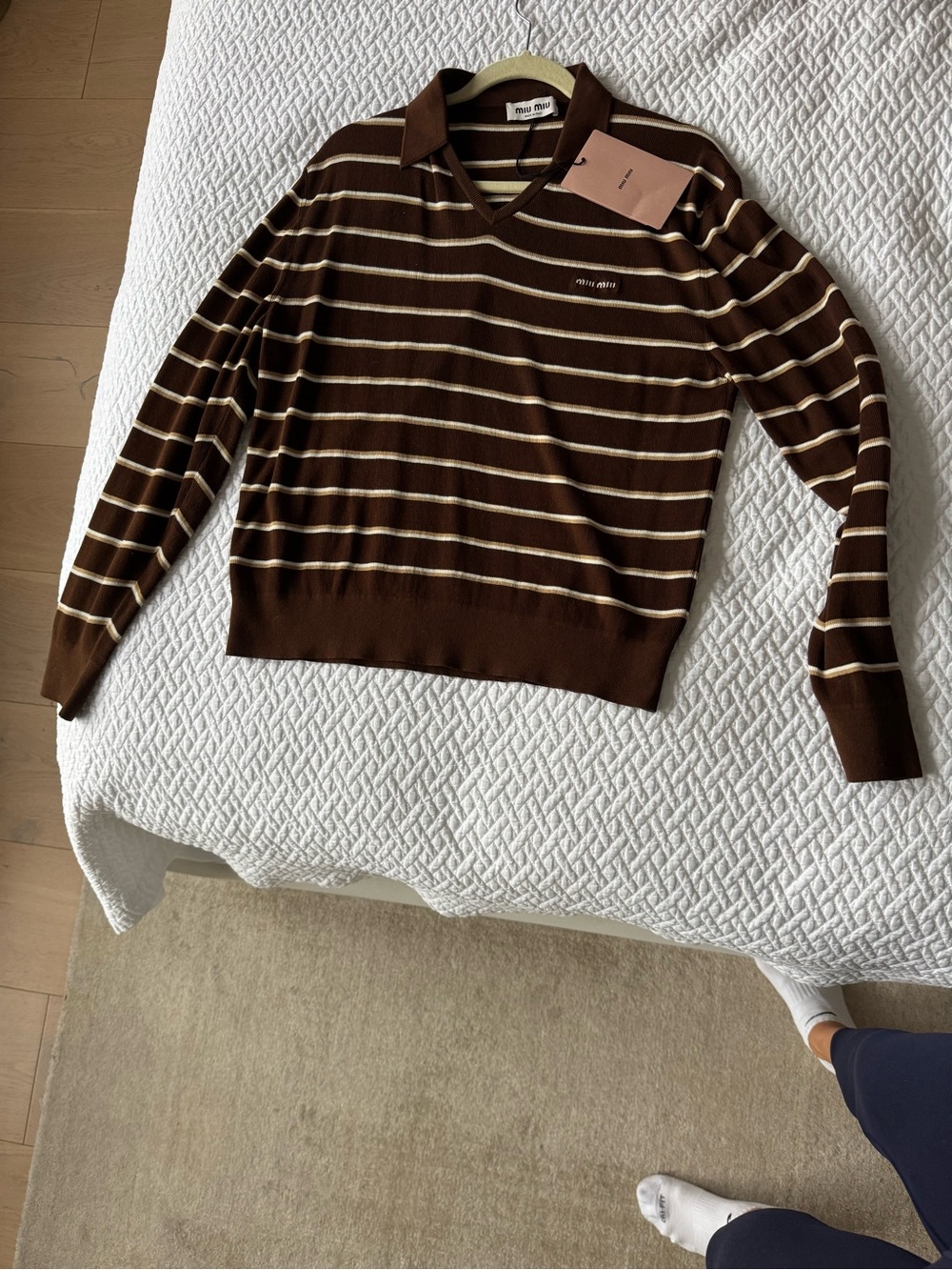 Miu Miu Brown V-Neck Polo Sweater with Cream Stripes